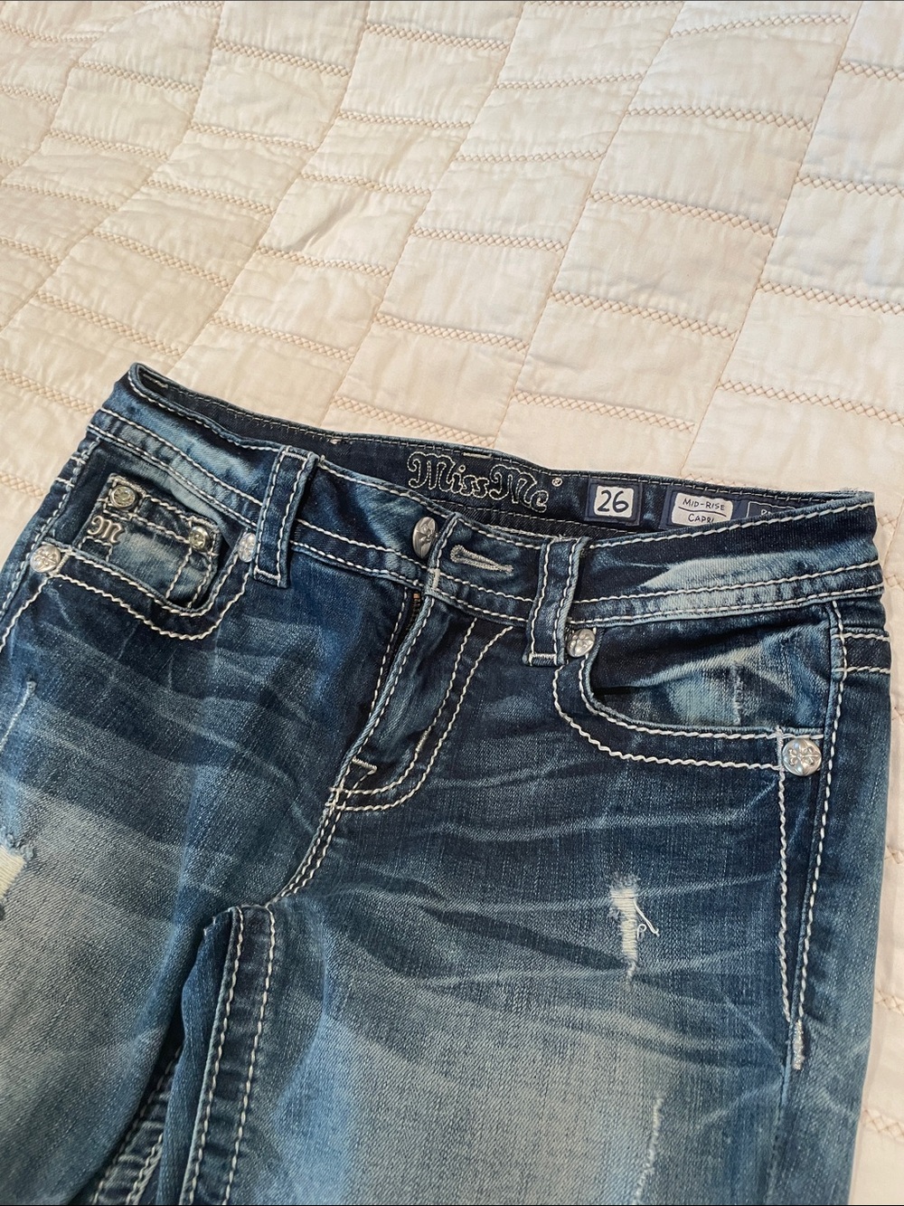Miss Me Boot Cut Jeans in Dark Blue Wash with Contrast Stitching